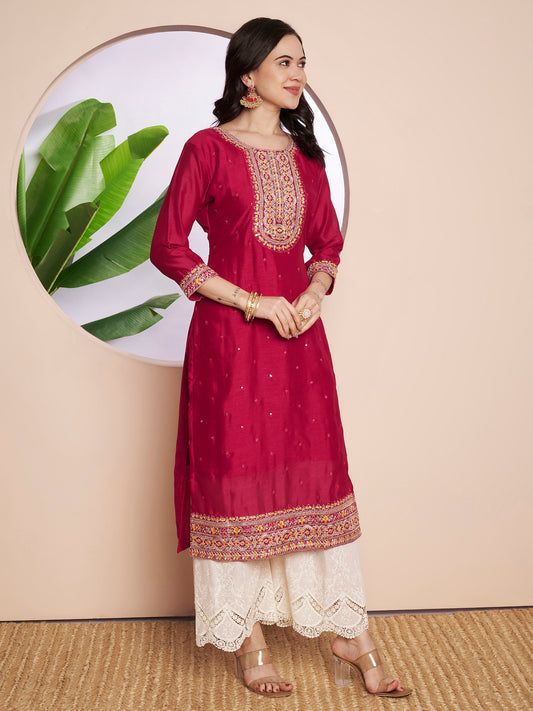 Rani Beam Embroidered Art Silk Kurta