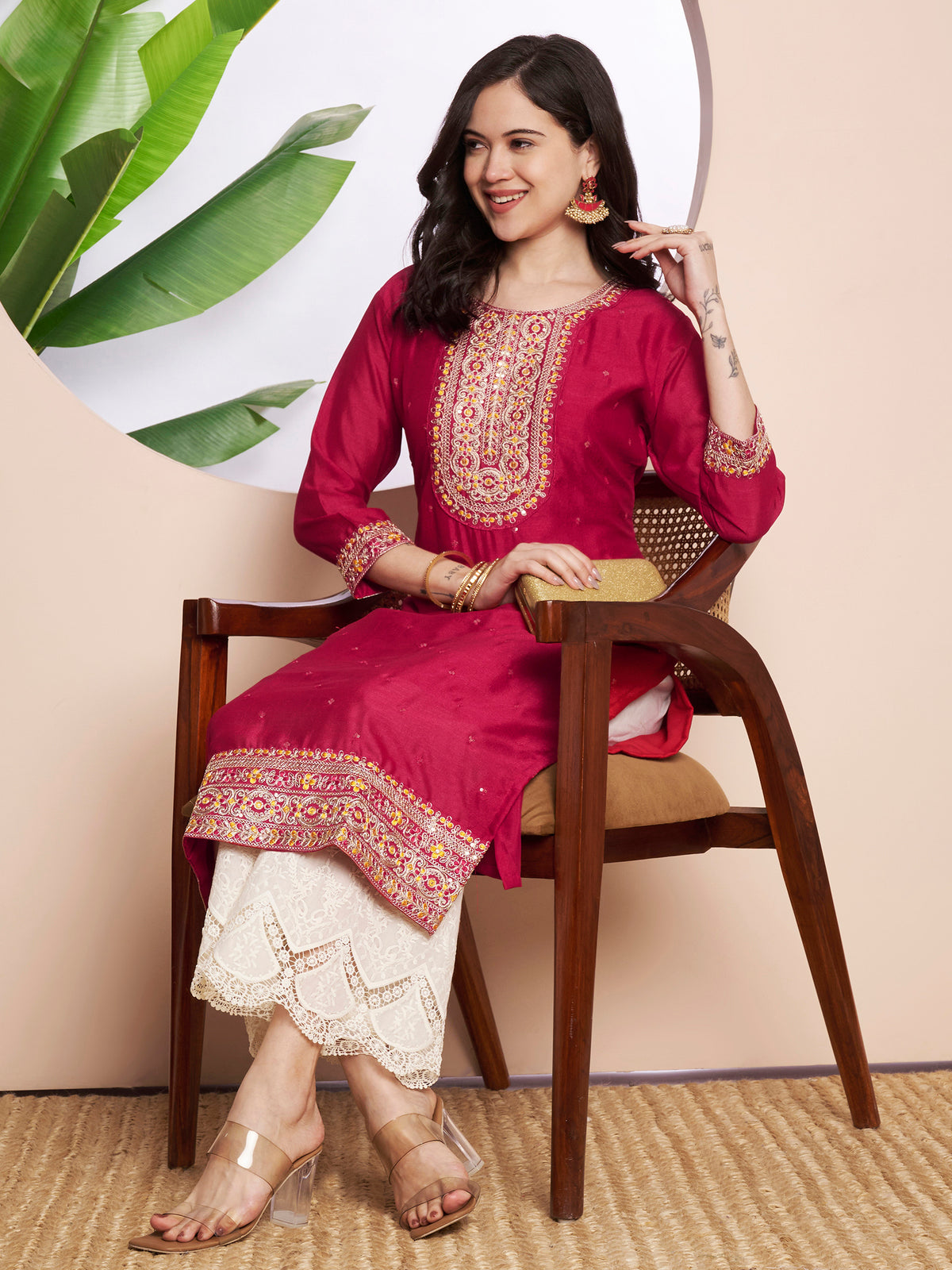 Rani Beam Embroidered Art Silk Kurta
