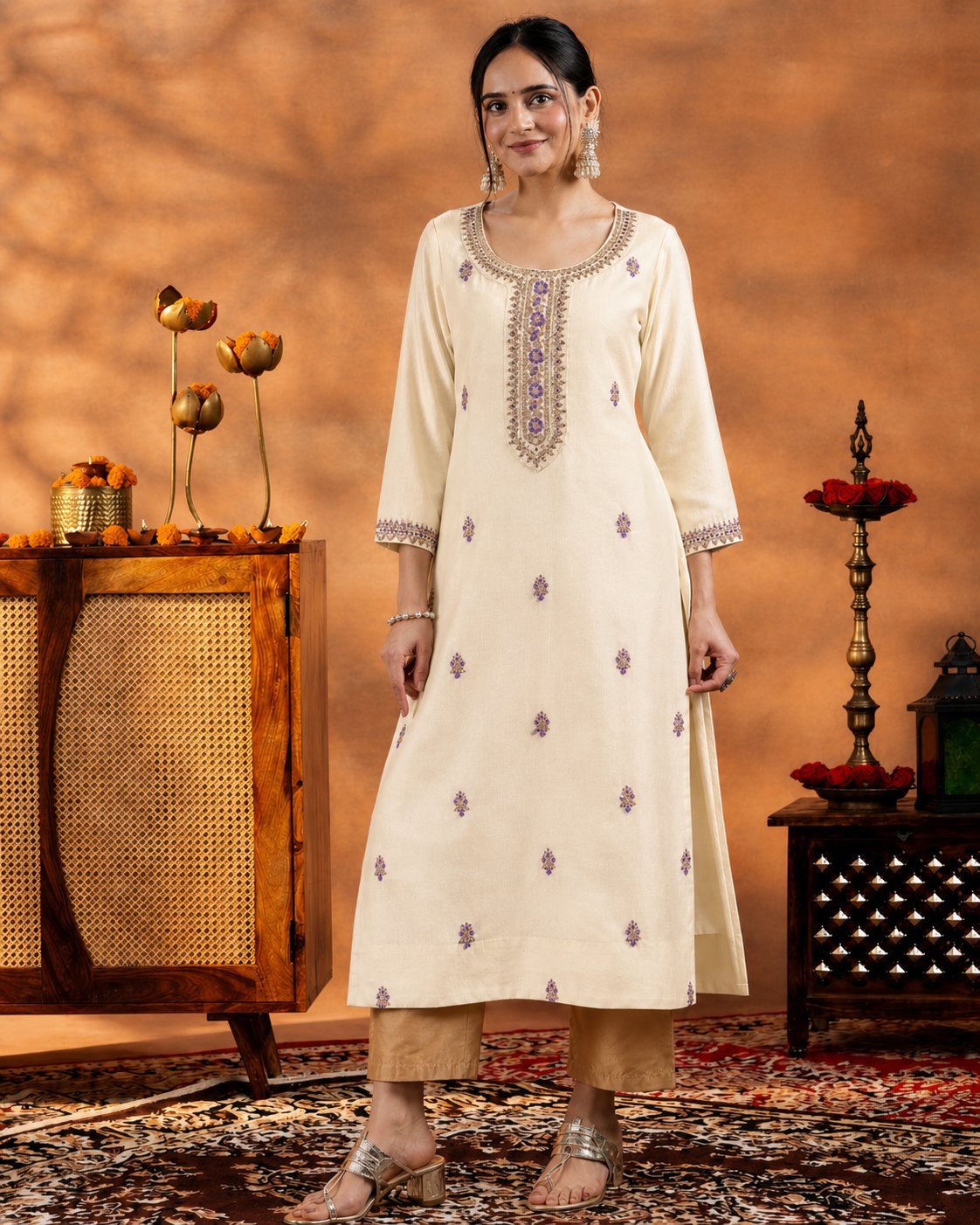 Cream Embroidered-Yoke Silk Kurta (Style 15)