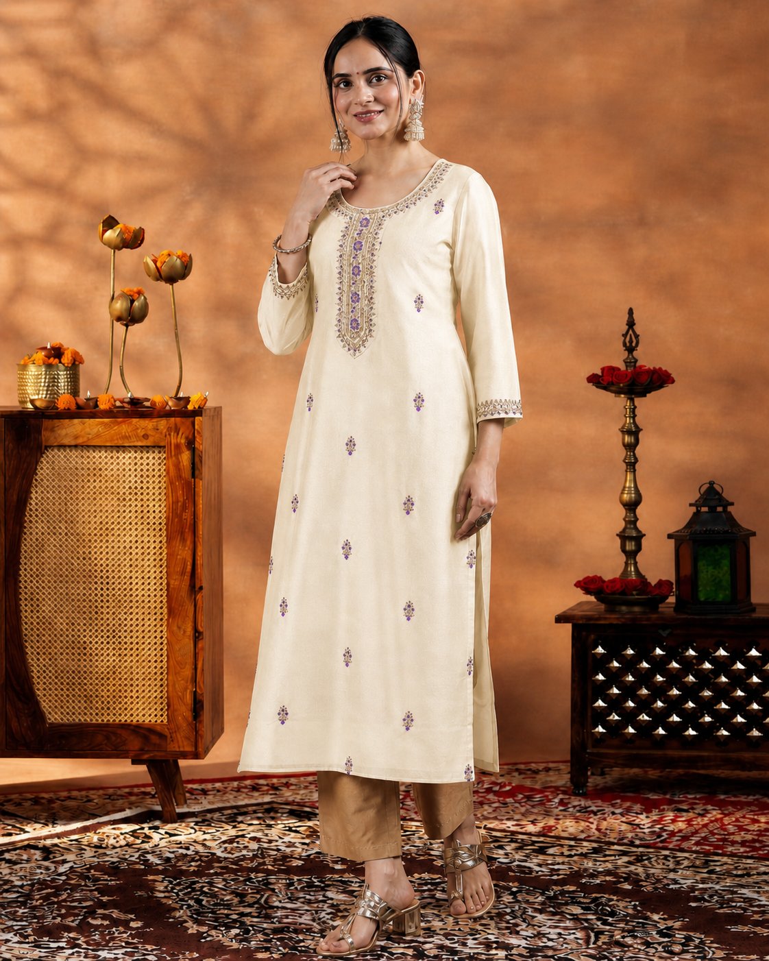 Cream Embroidered-Yoke Silk Kurta (Style 15)