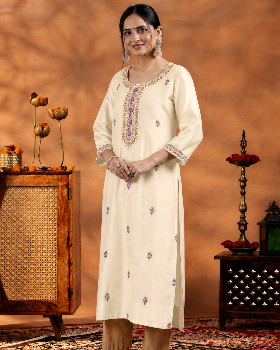 Cream Embroidered-Yoke Silk Kurta (Style 15)