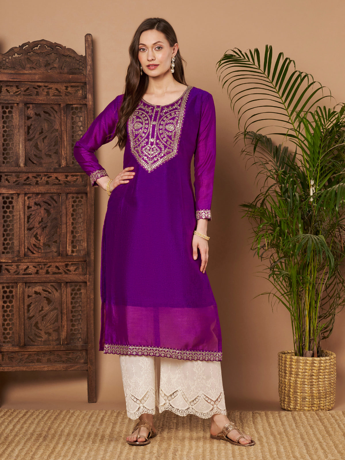 Purple Embroidered 3/4-Sleeve Silk Kurta (Style 109)