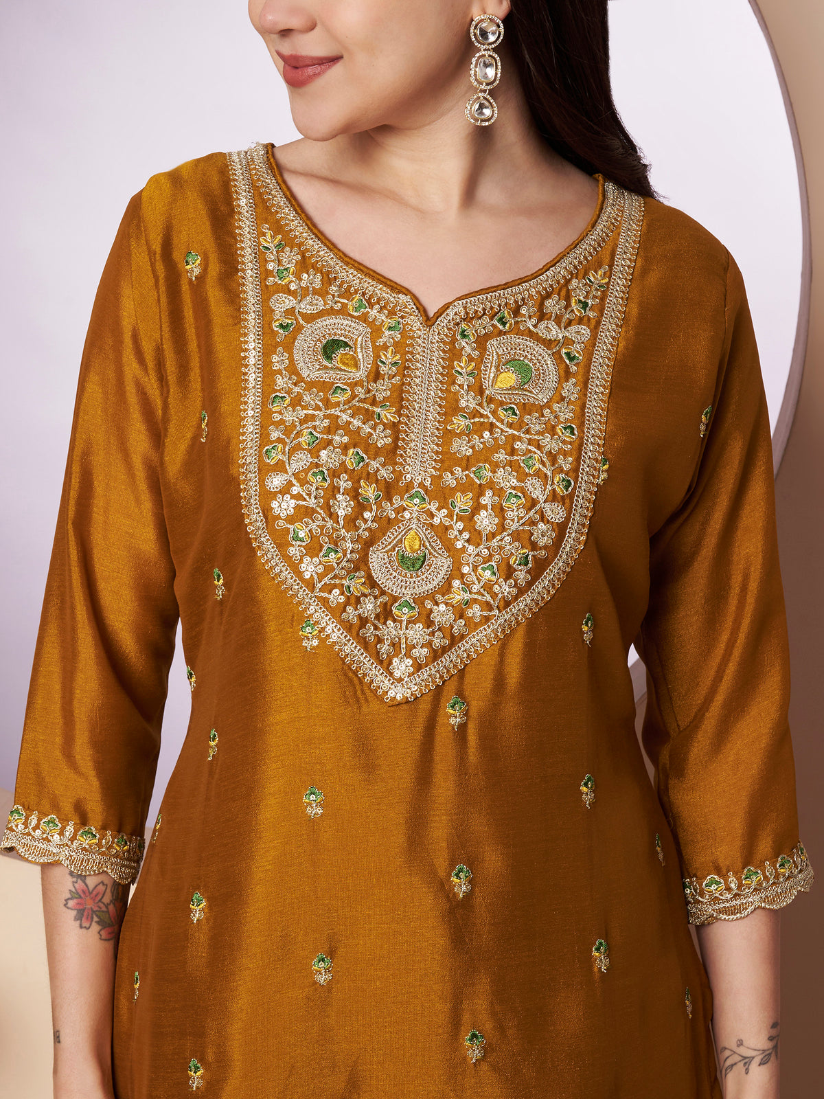 Mustard Sweetheart-Neck Embroidered Silk Kurta
