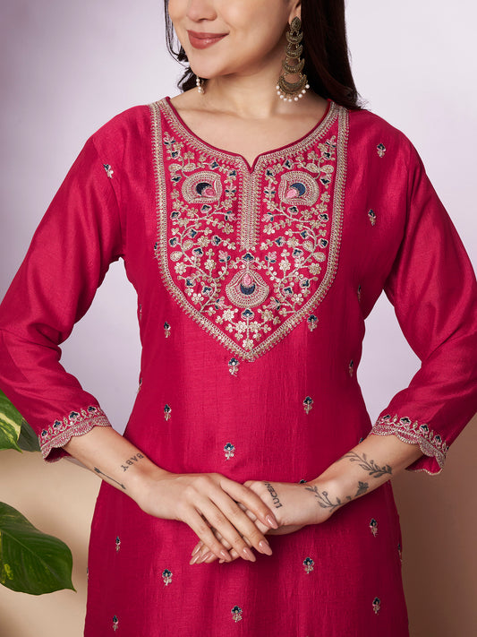 Rani Sweetheart-Neck Embroidered Silk Kurta