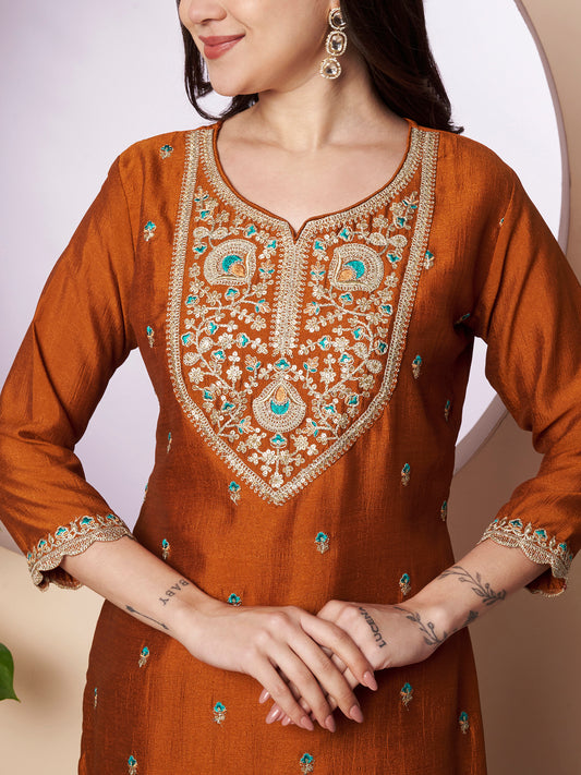 Rust Sweetheart-Neck Embroidered Silk Kurta