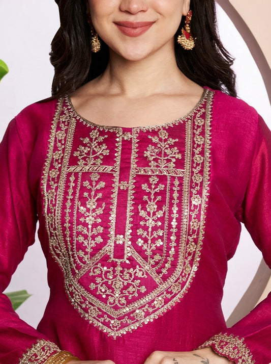 Rani Pink Button-Yoke Vichitra Silk Kurta