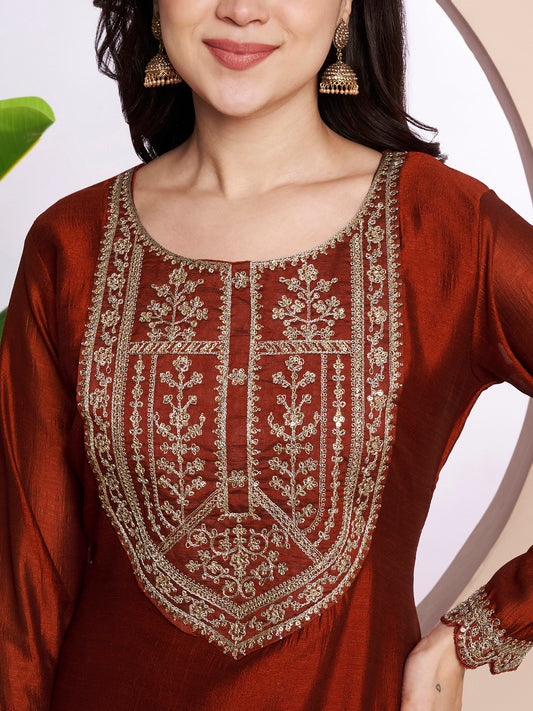 Rust Button-Yoke Vichitra Silk Kurta