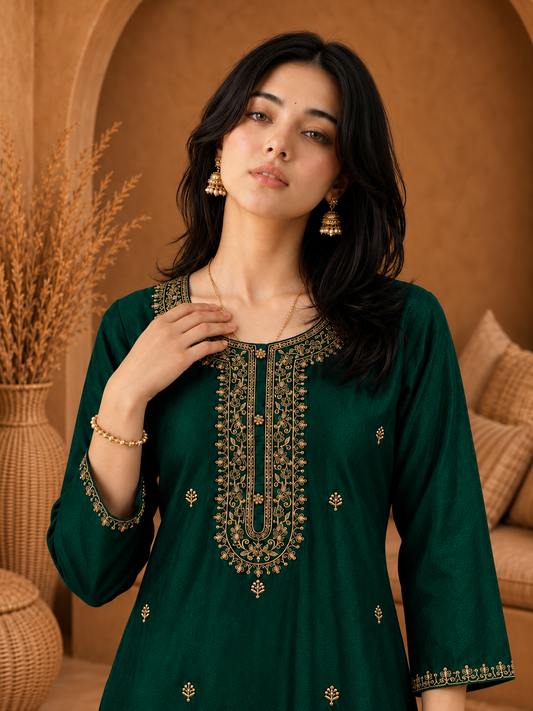 Dark Green-Embroiderd-Straight-Festive Kurta