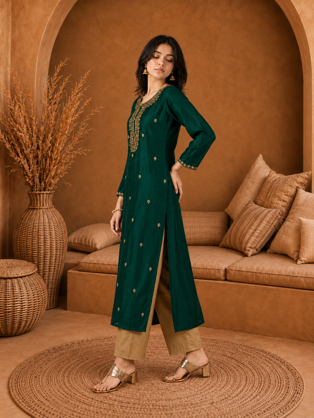Dark Green-Embroiderd-Straight-Festive Kurta