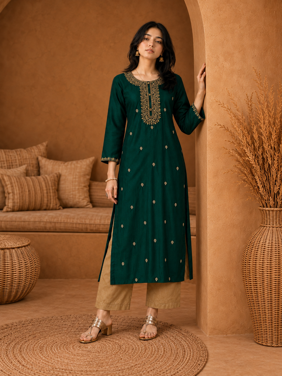 Dark Green-Embroiderd-Straight-Festive Kurta