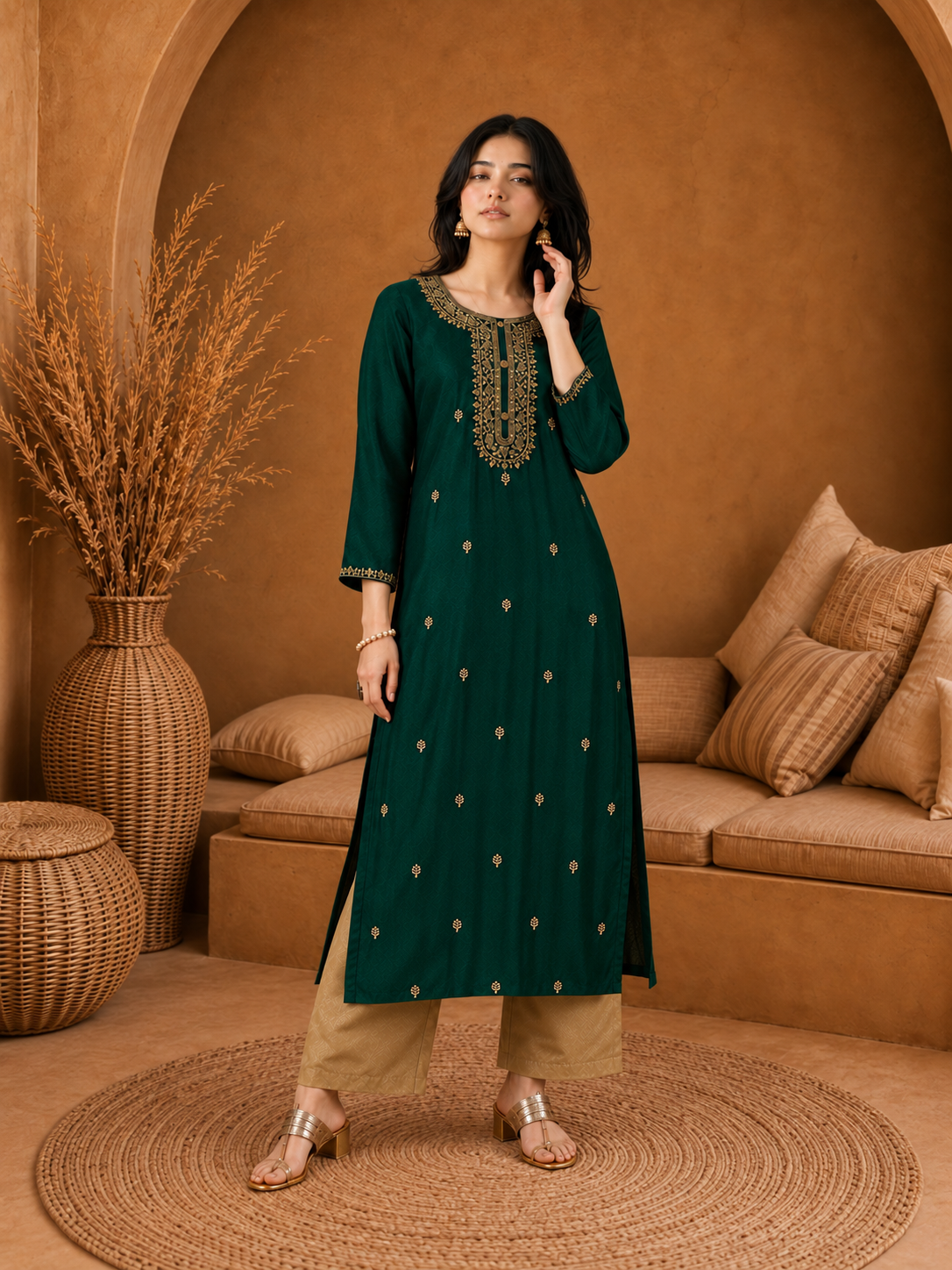 Dark Green-Embroiderd-Straight-Festive Kurta