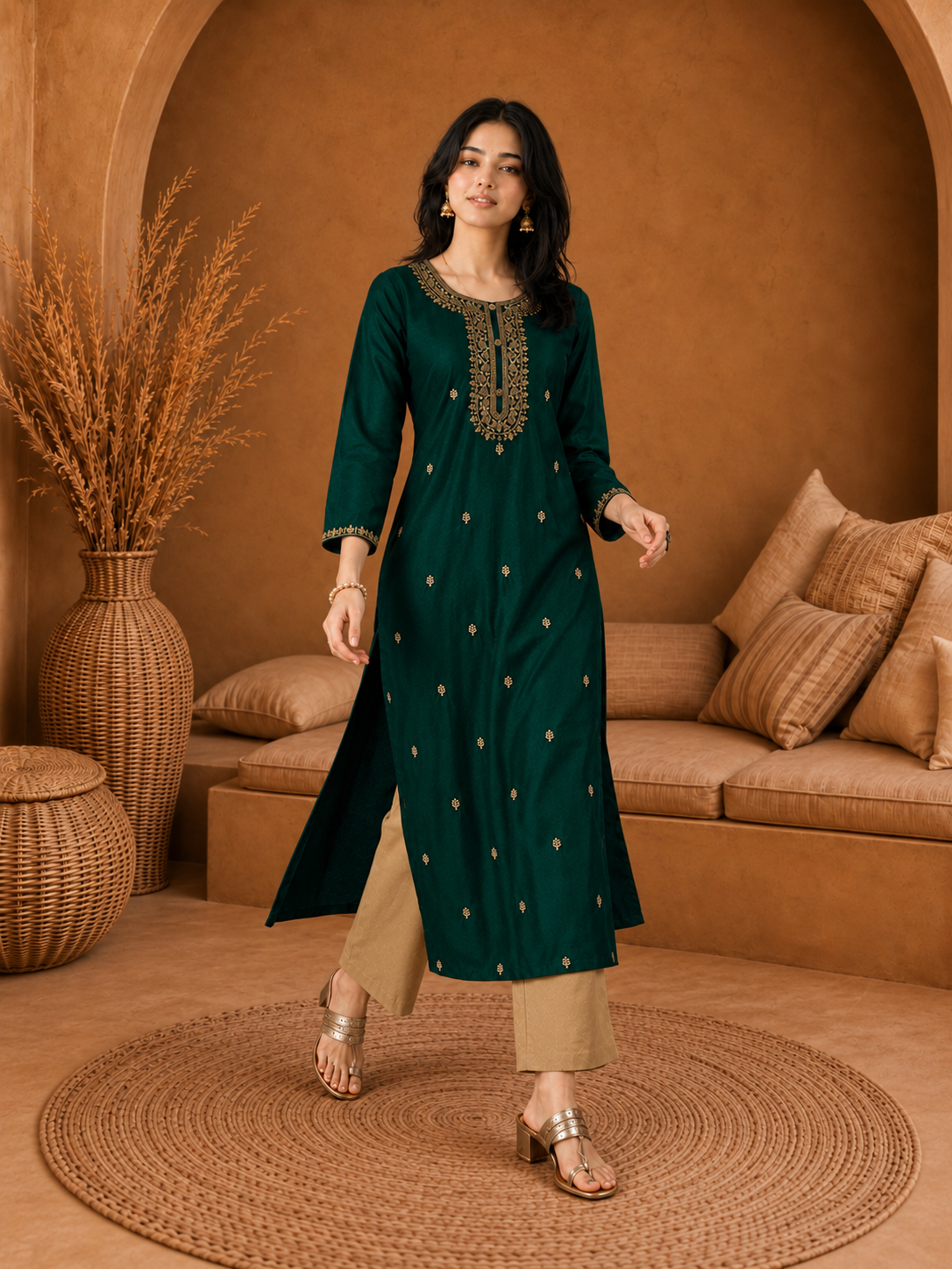 Dark Green-Embroiderd-Straight-Festive Kurta