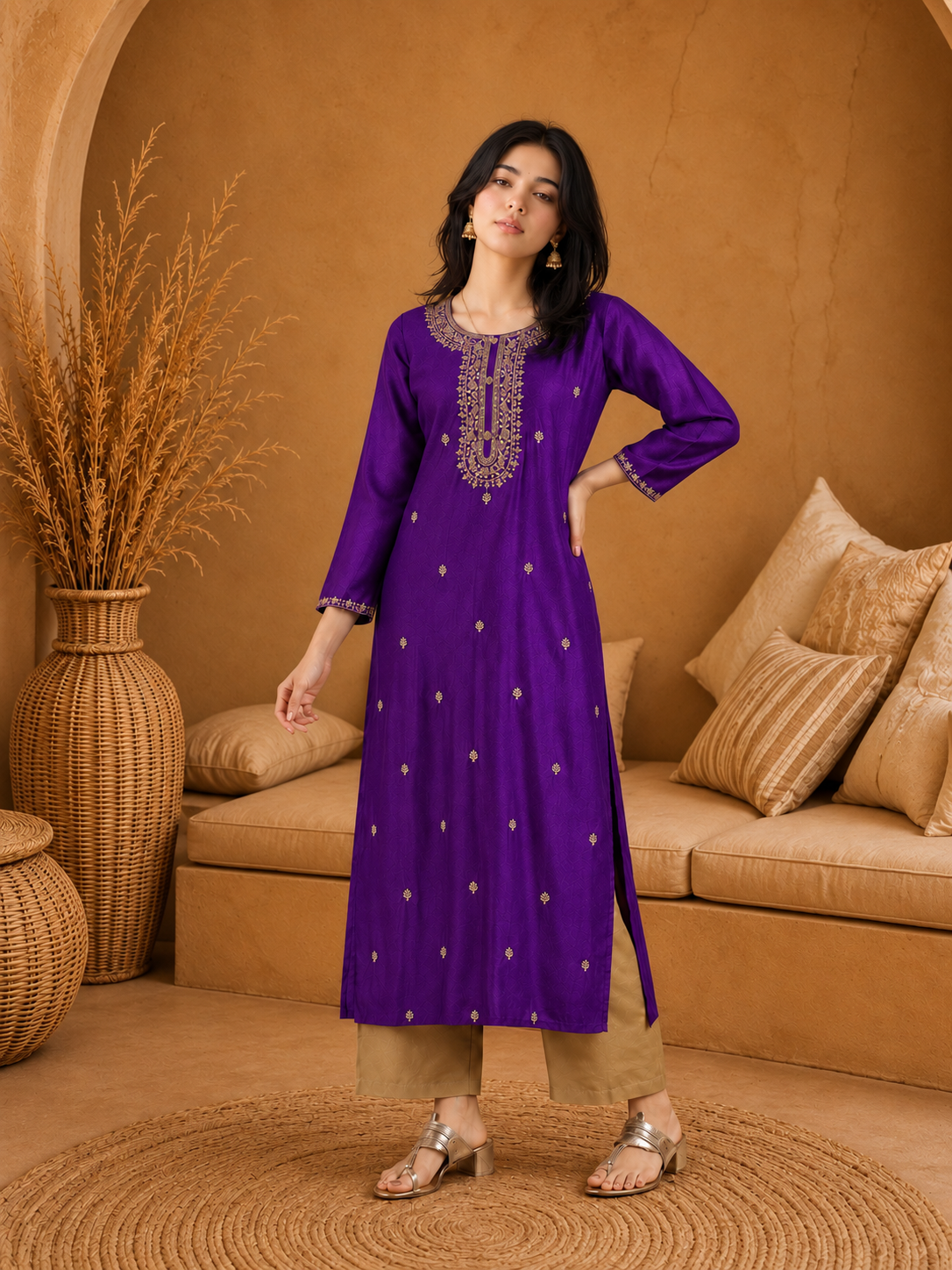 Purple-Embroiderd-Straight-Festive Kurta
