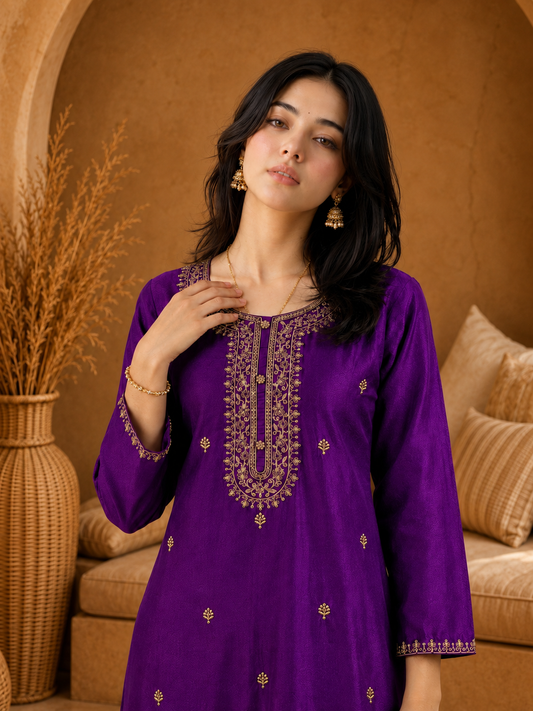 Purple-Embroiderd-Straight-Festive Kurta