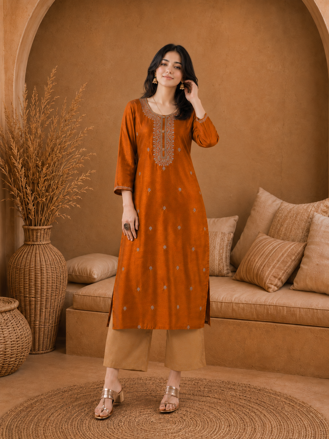 Rust-Embroiderd-Straight-Festive Kurta