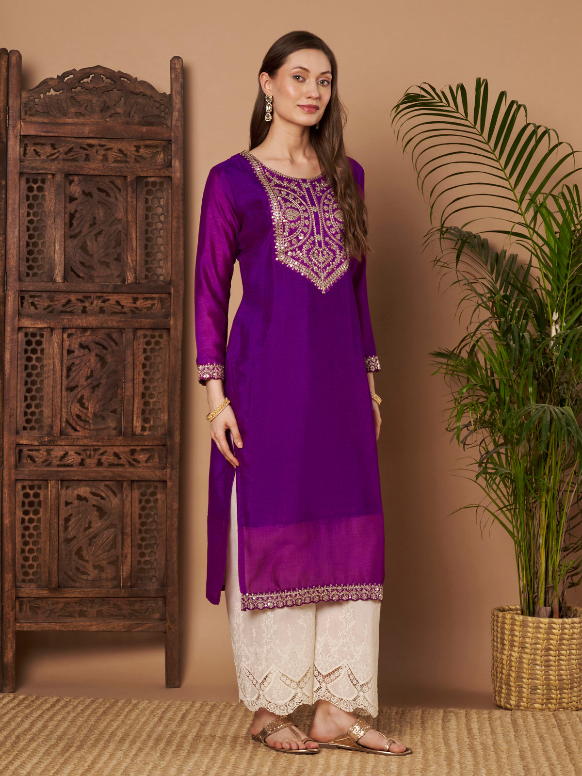 Purple Embroidered 3/4-Sleeve Silk Kurta (Style 109)