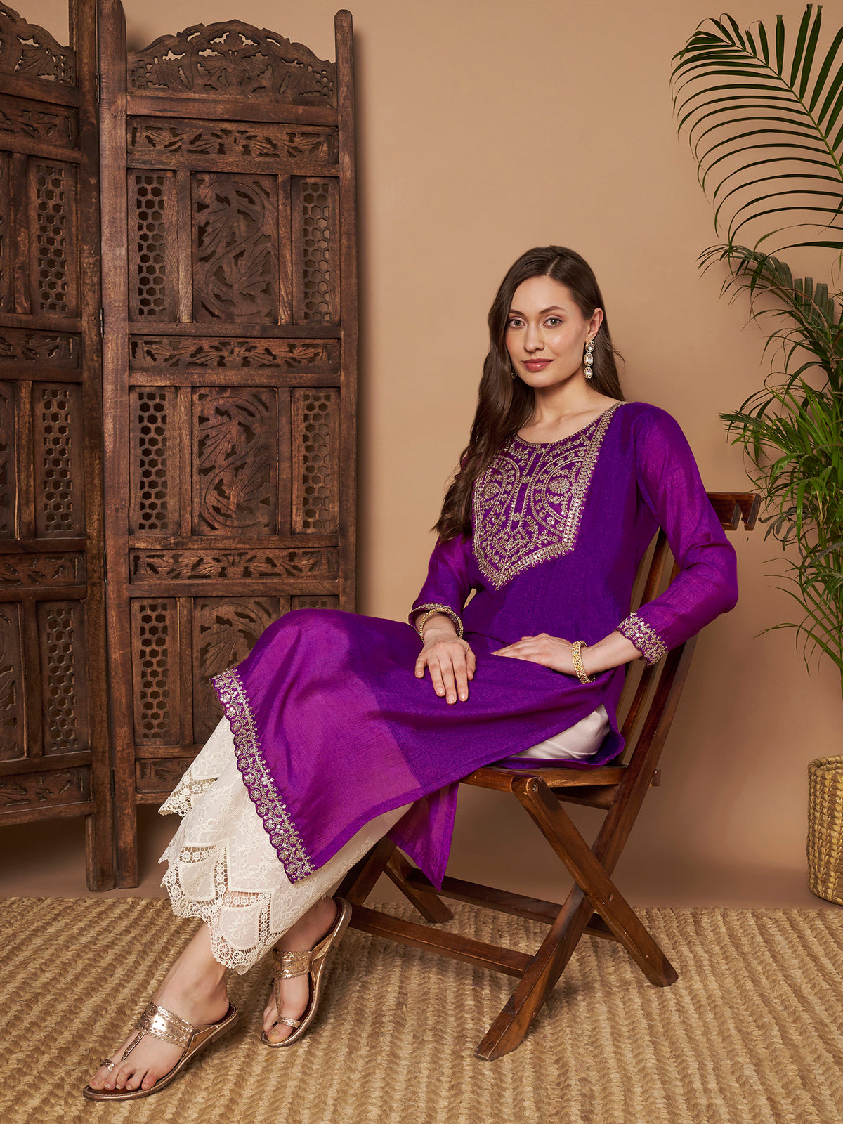Purple Embroidered 3/4-Sleeve Silk Kurta (Style 109)