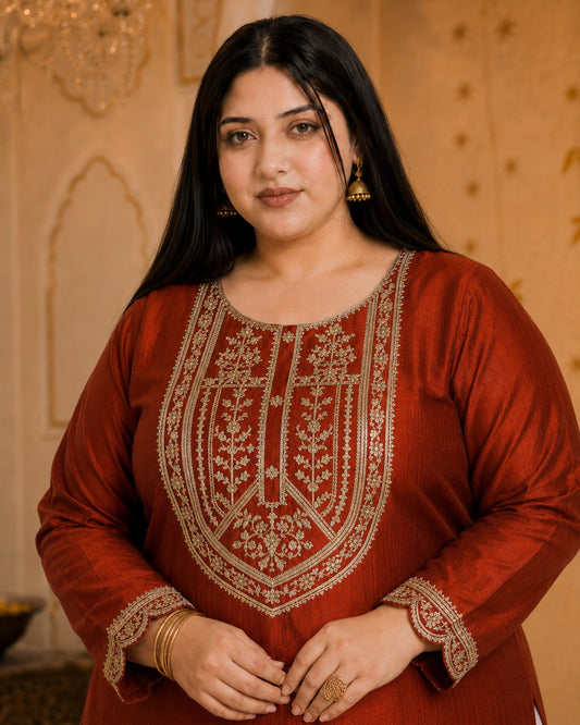 Rust Big-Button Full-Sleeve Vichitra Silk Kurta