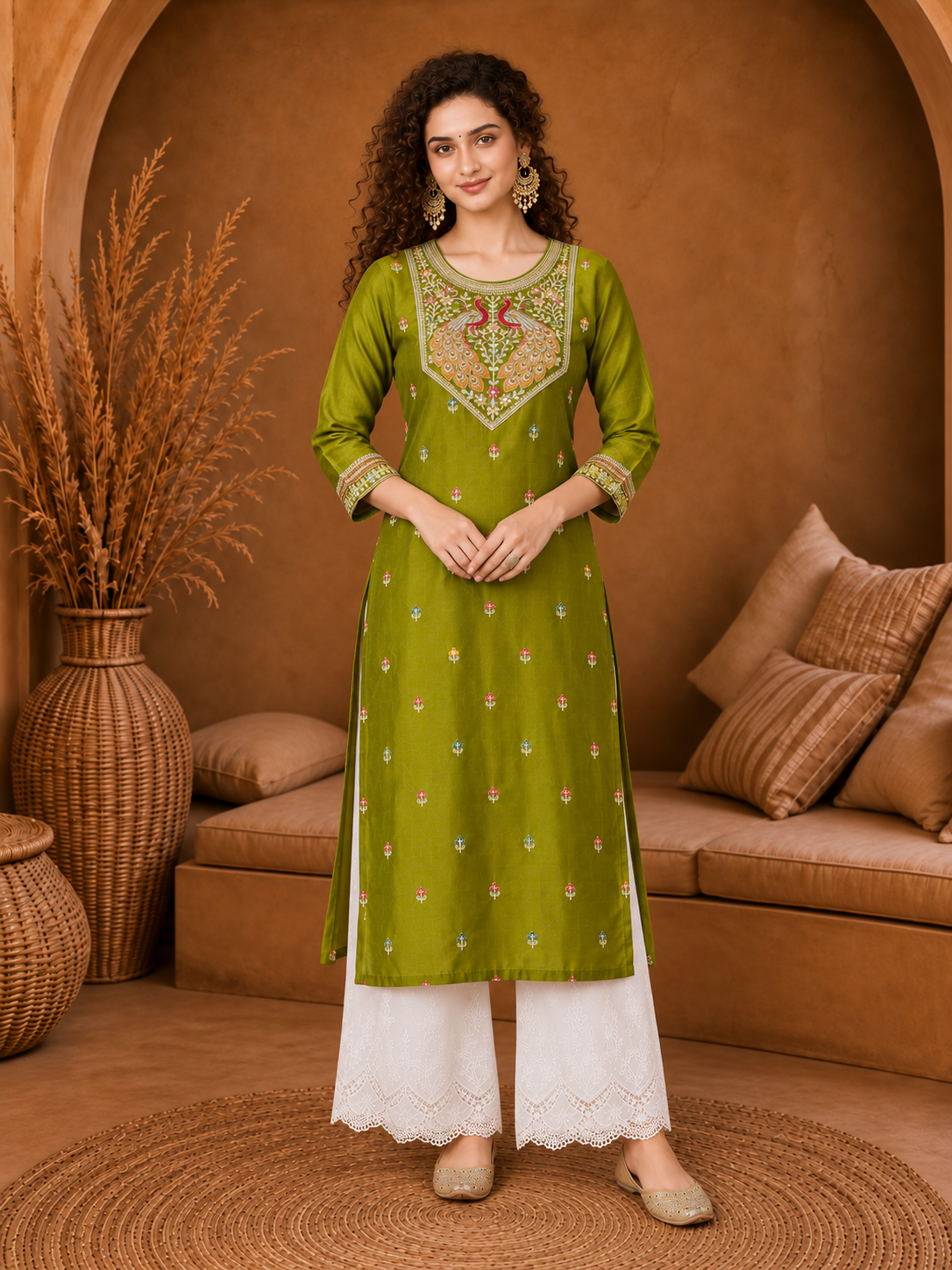 Green Twin Peacock Zari Embroidered Silk Kurta