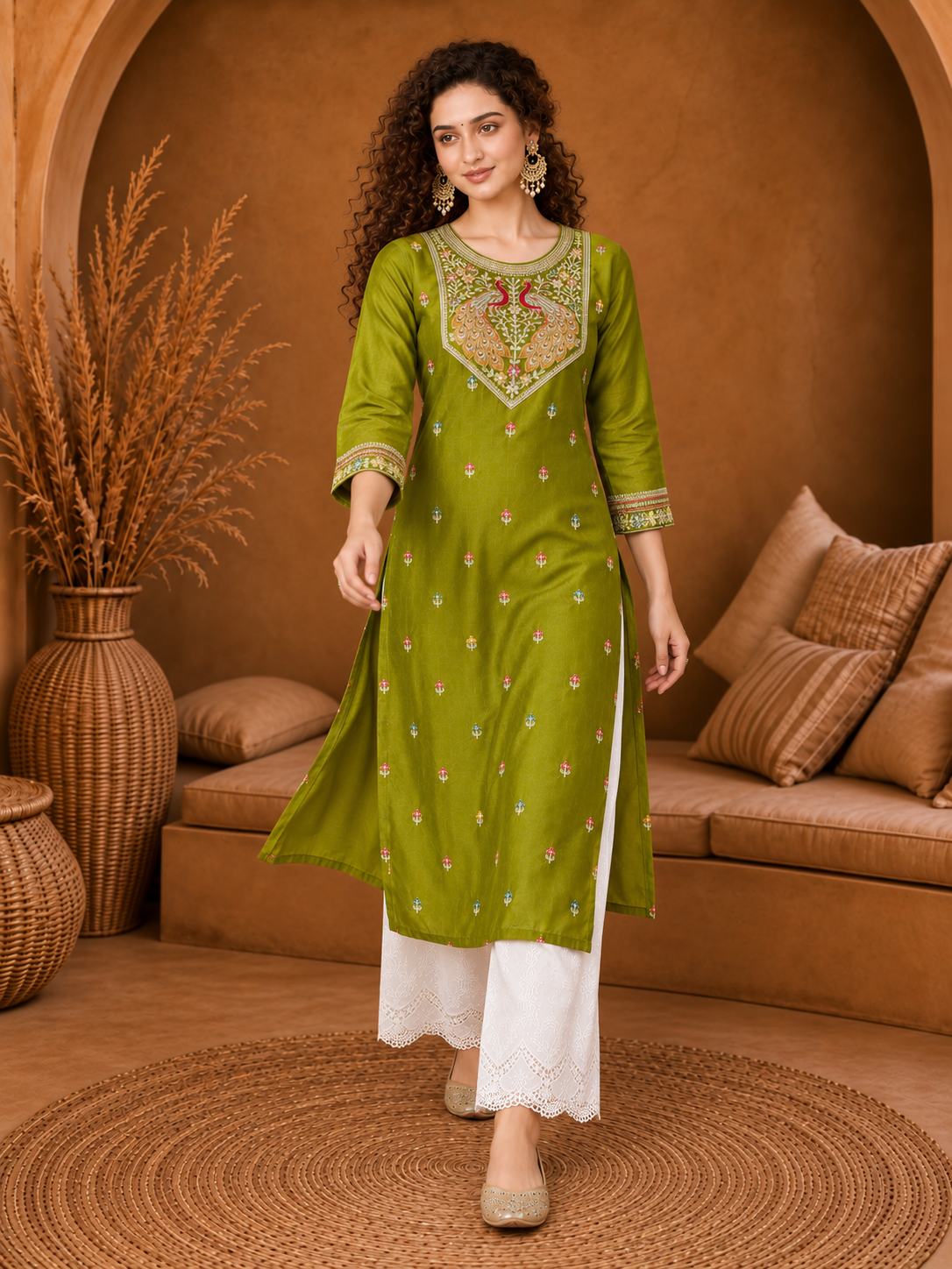 Green Twin Peacock Zari Embroidered Silk Kurta