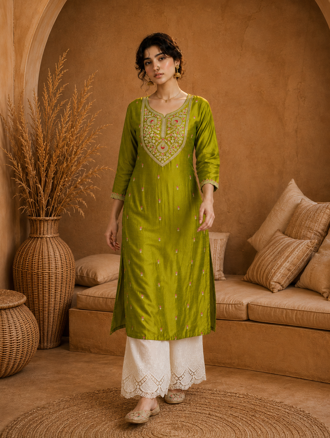 Green Heritage Zari Yoke Silk Kurta
