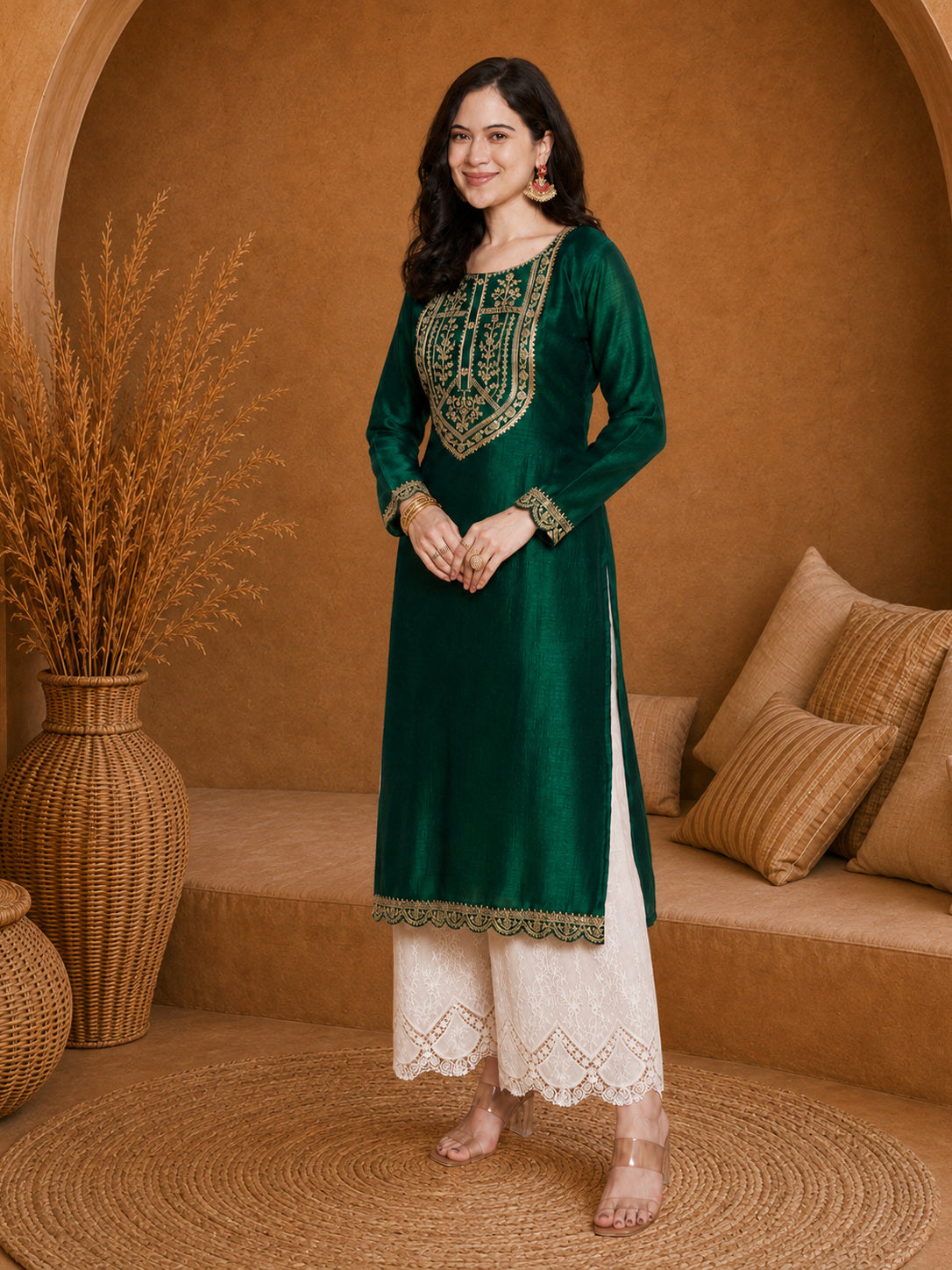 Green-Yoke Full-Sleeve Vichitra Silk Kurta