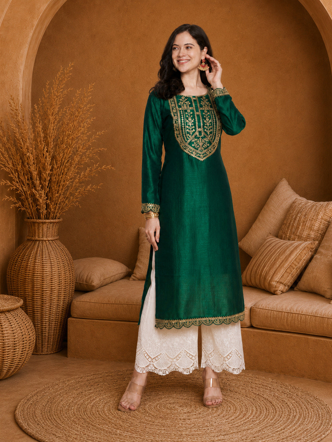Green-Yoke Full-Sleeve Vichitra Silk Kurta