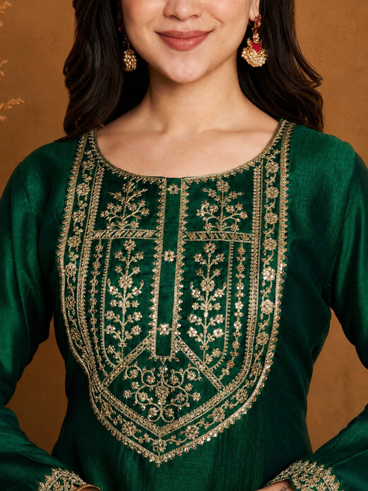 Green-Yoke Full-Sleeve Vichitra Silk Kurta