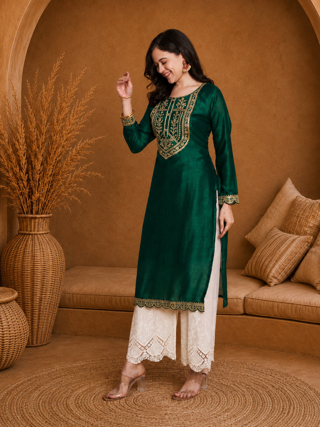 Green-Yoke Full-Sleeve Vichitra Silk Kurta