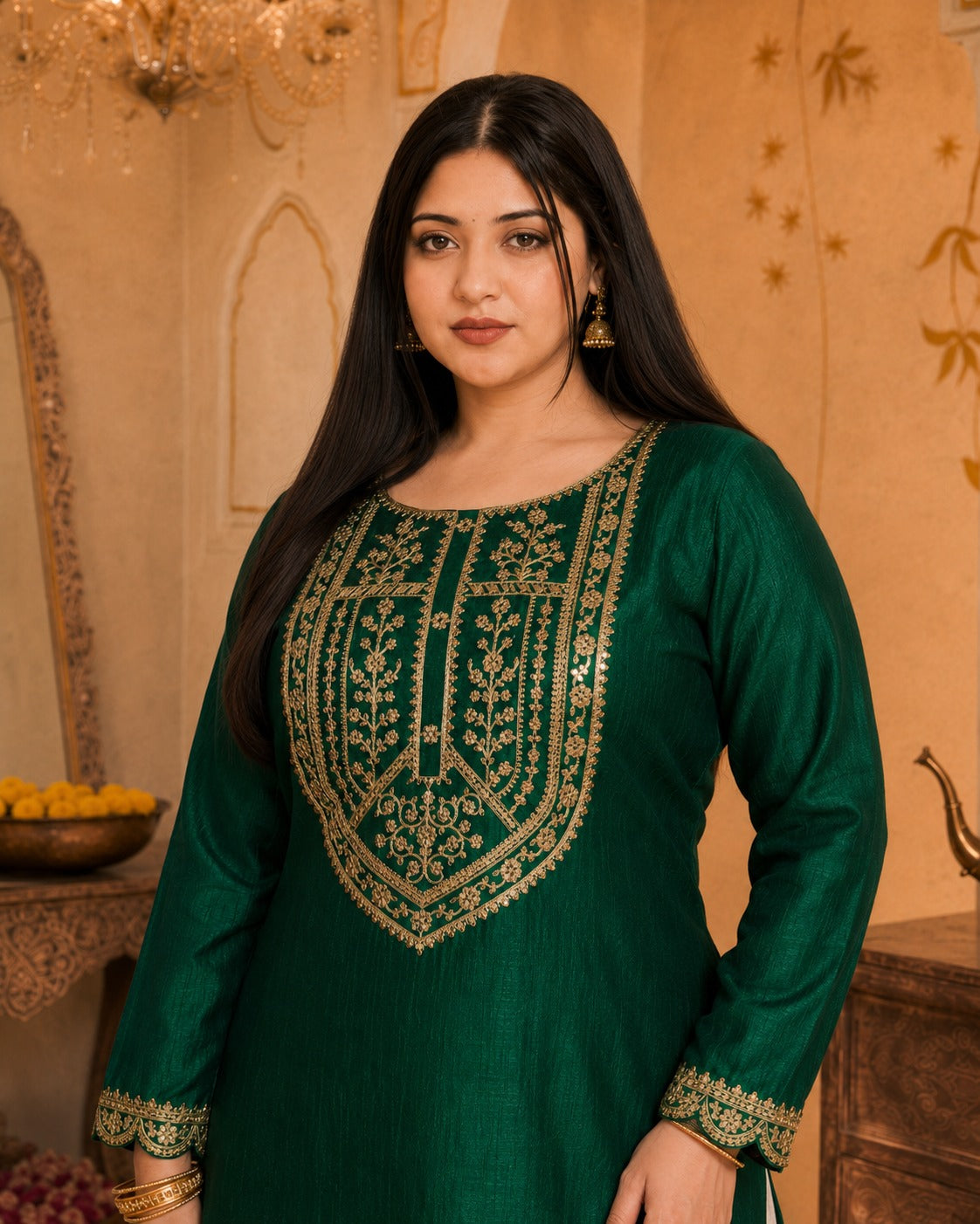 Green Big-Button Full-Sleeve Vichitra Silk Kurta