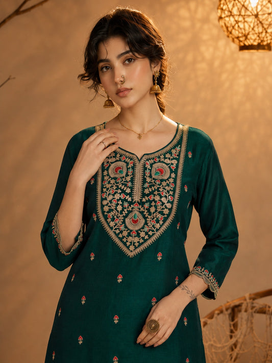 Dark Green Heritage Zari Yoke Silk Kurta
