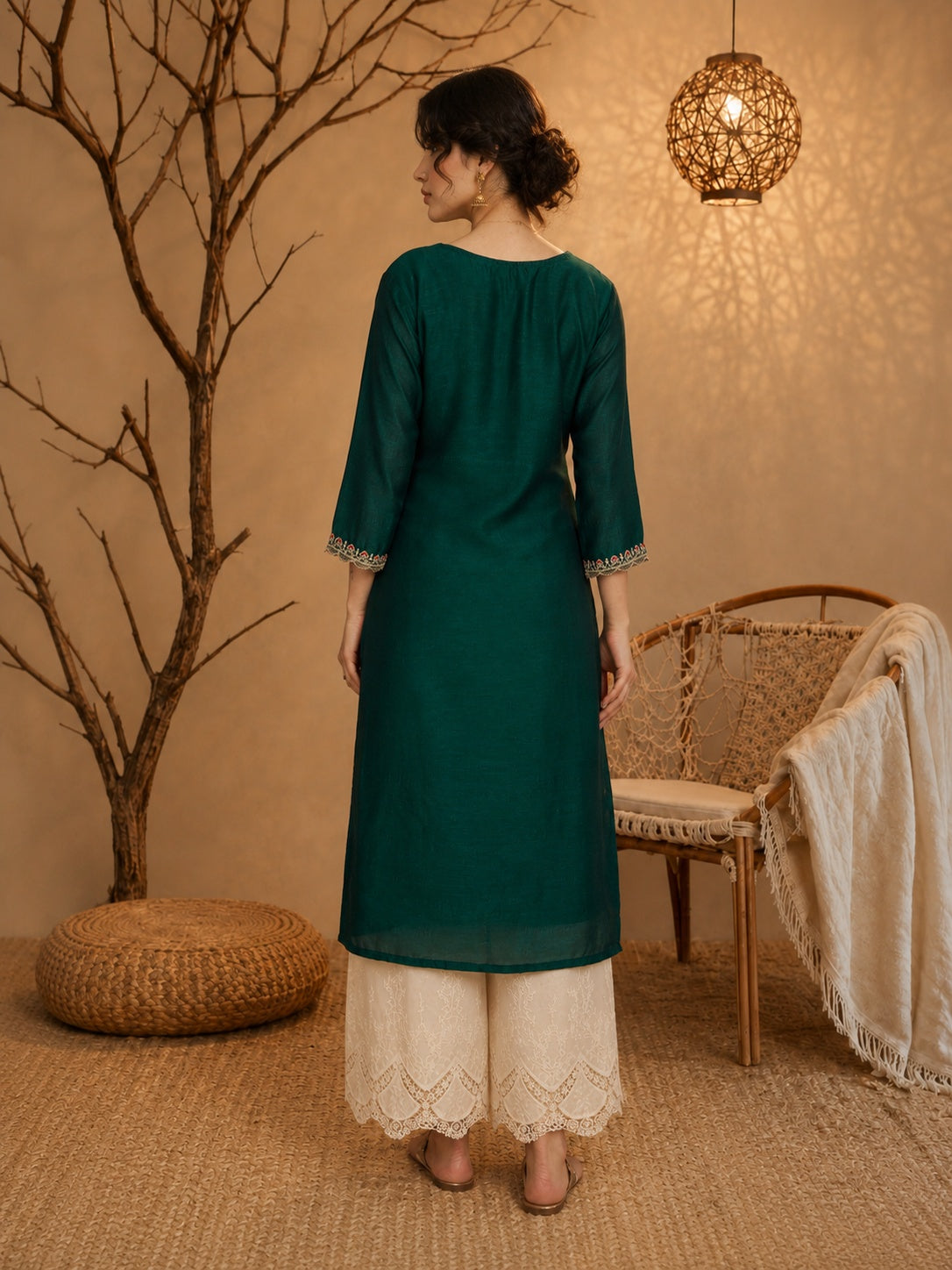 Dark Green Heritage Zari Yoke Silk Kurta
