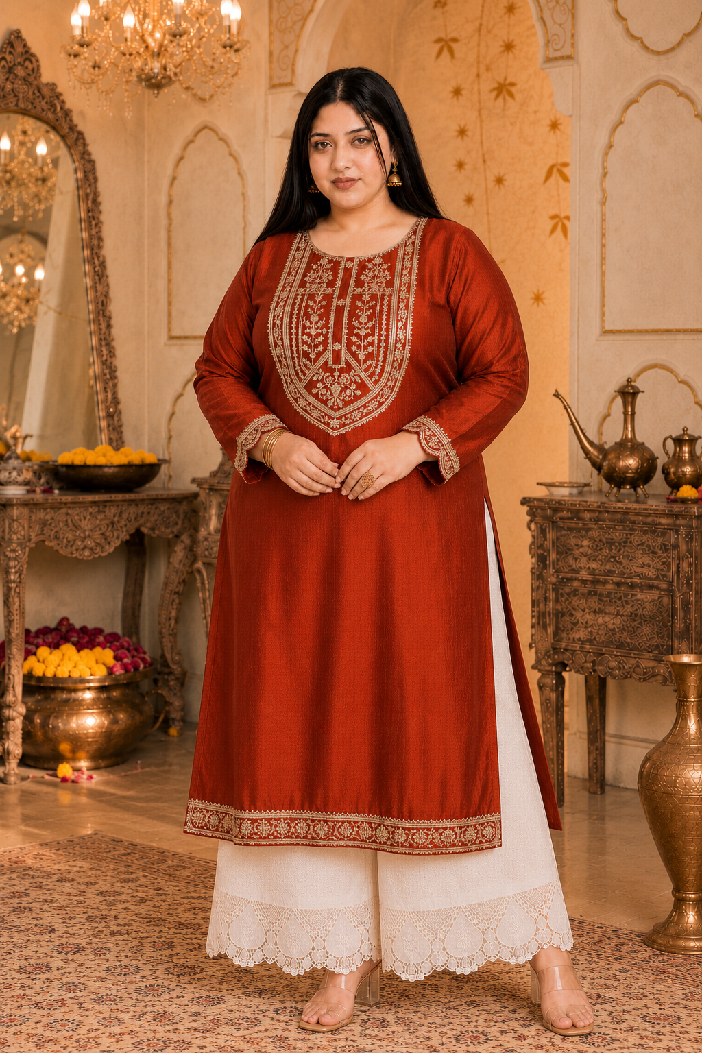 Rust Big-Button Full-Sleeve Vichitra Silk Kurta
