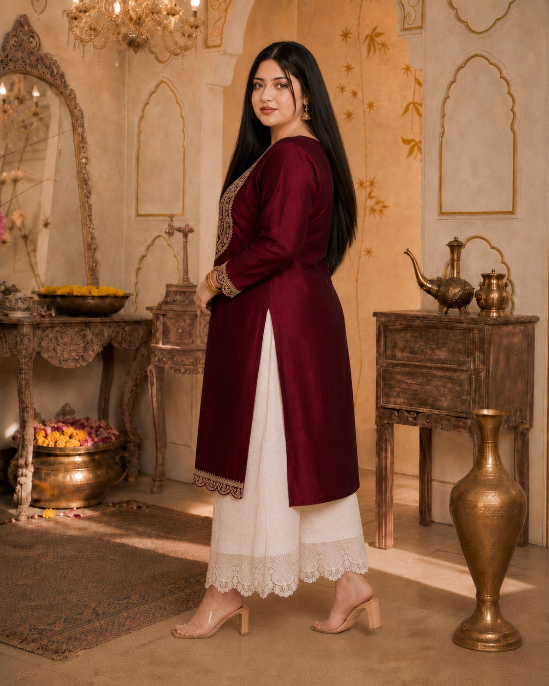 Maroon Big-Button Full-Sleeve Vichitra Silk Kurta