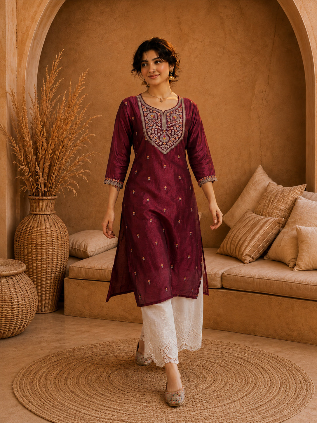Marron Heritage Zari Yoke Silk Kurta