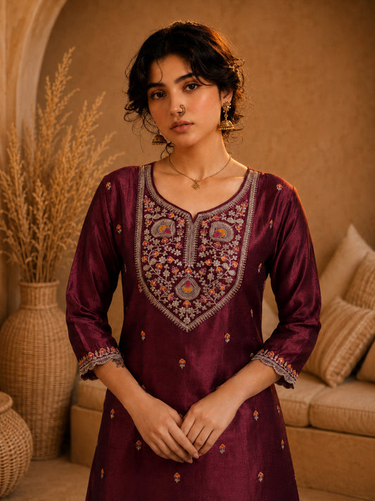 Marron Heritage Zari Yoke Silk Kurta