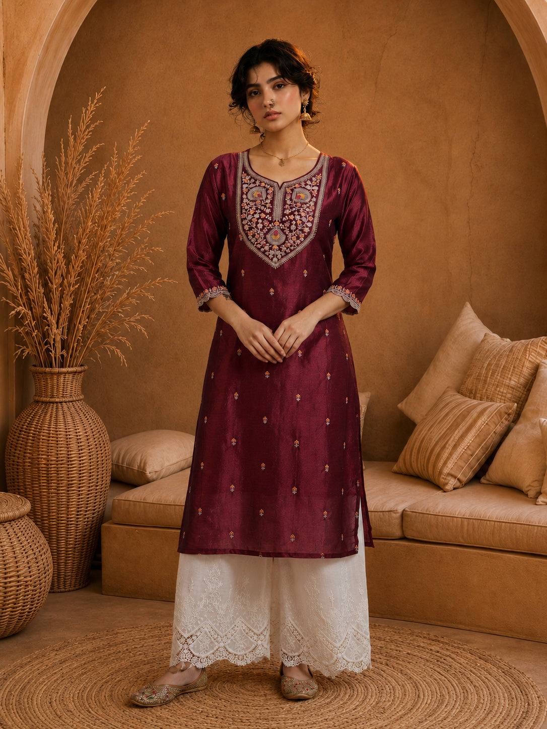 Marron Heritage Zari Yoke Silk Kurta
