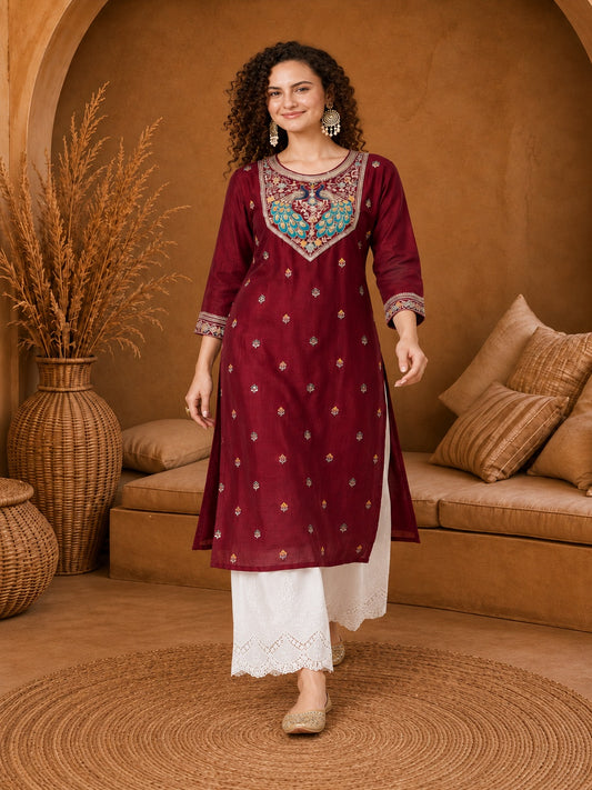 Maroon Twin Peacock Zari Embroidered Silk Kurta