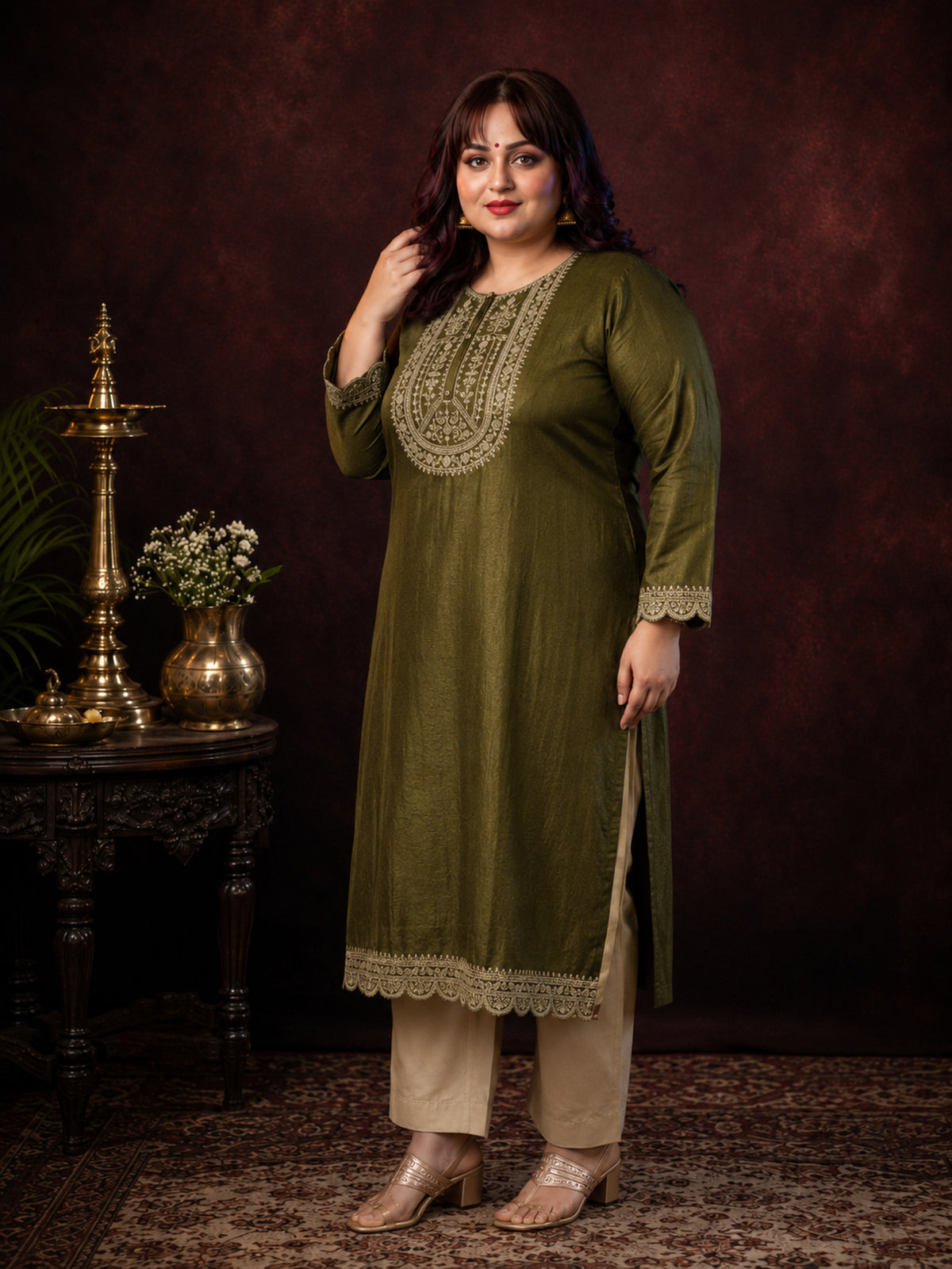 Olive Ujala Embroidered Art Silk Kurta