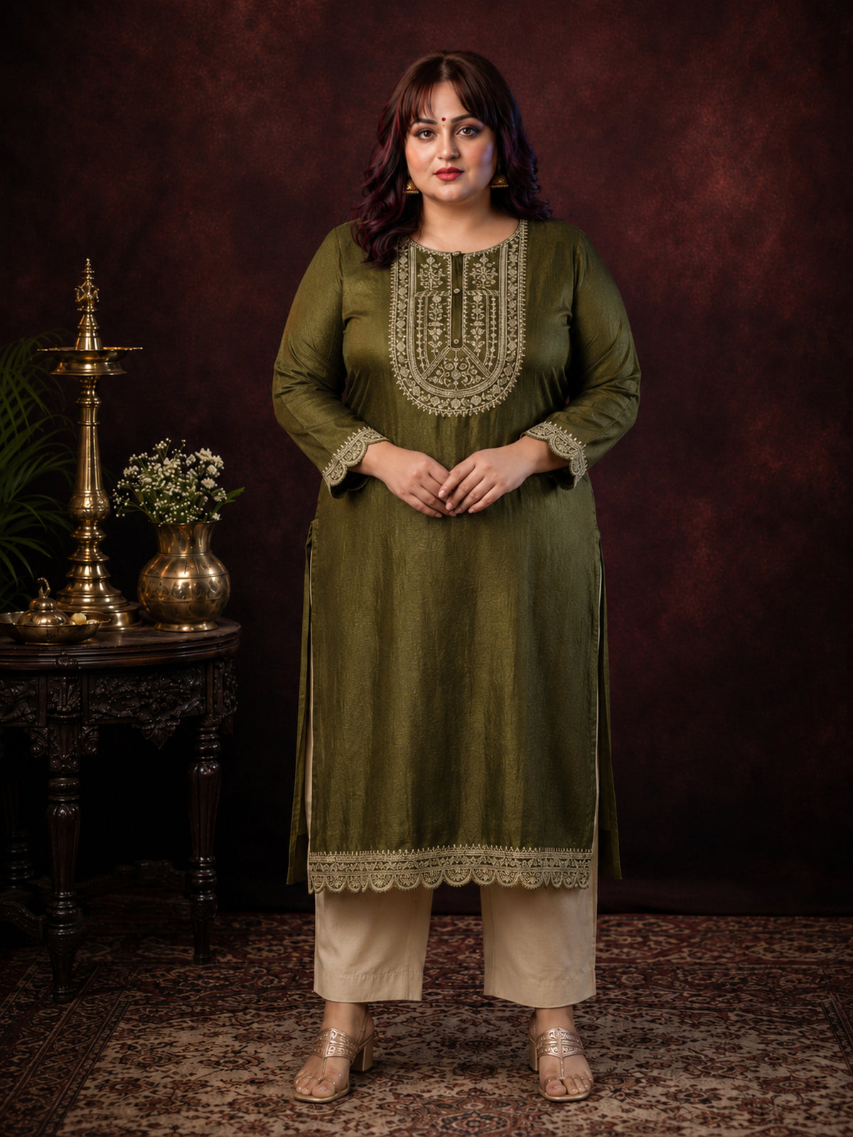 Olive Ujala Embroidered Art Silk Kurta