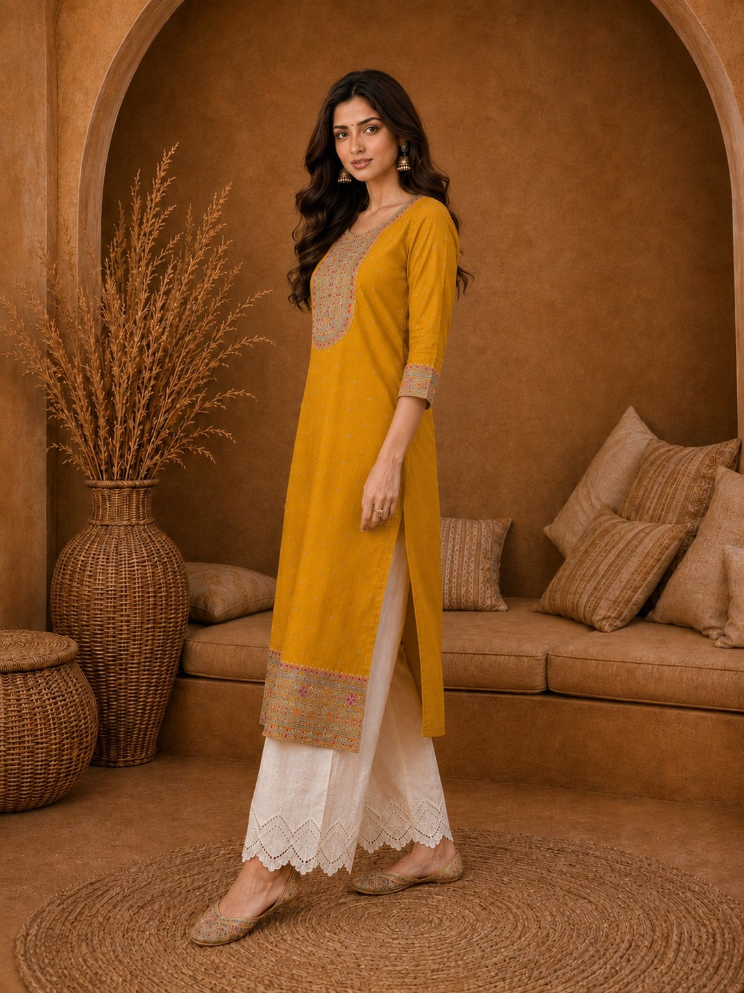 yellow-Beam-Premium-Embroidery Kurta