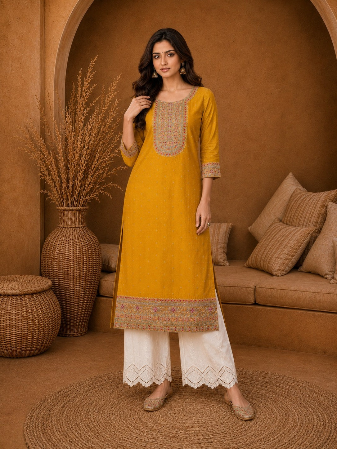 yellow-Beam-Premium-Embroidery Kurta