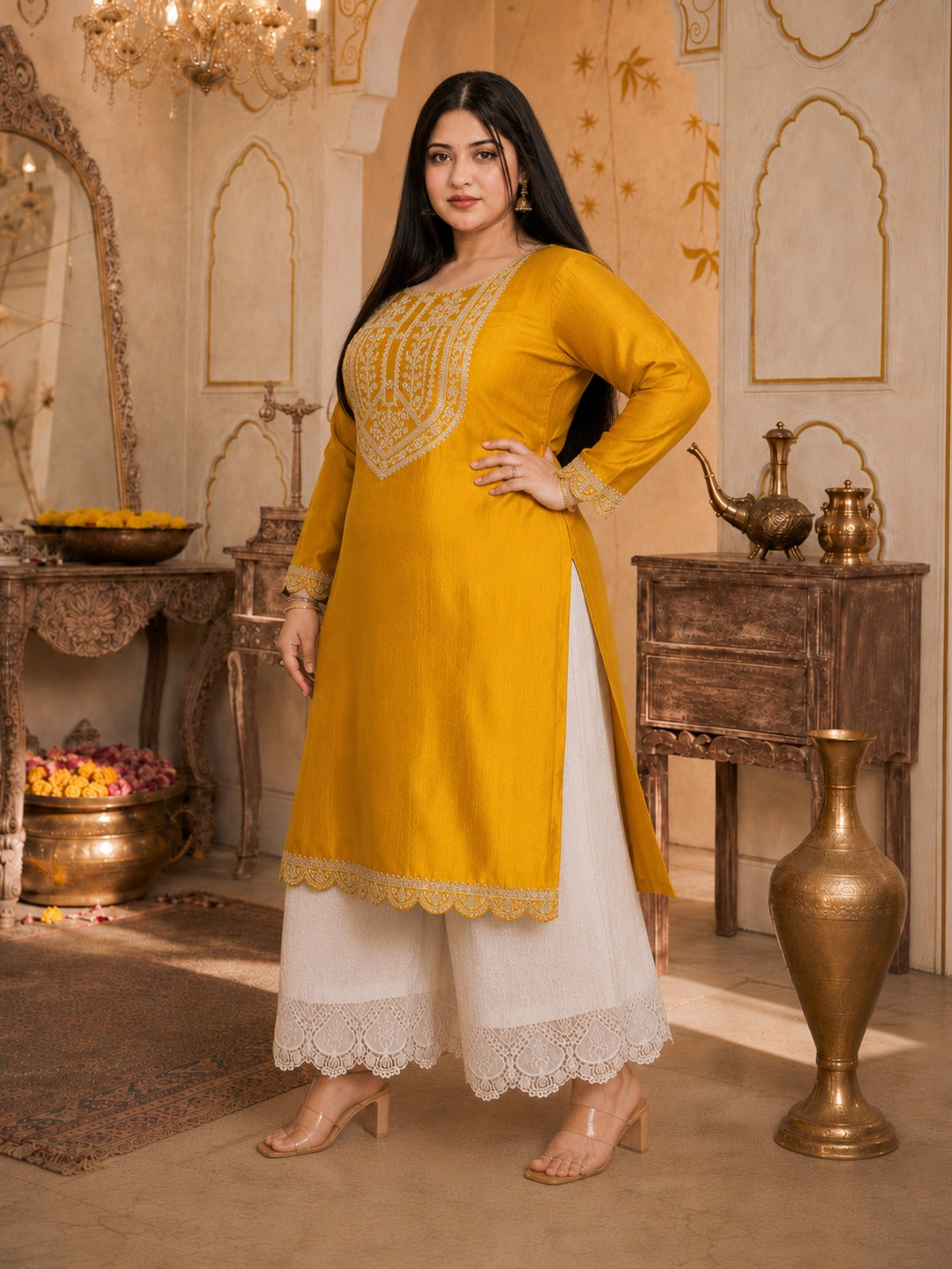 Mustard Big-Button Full-Sleeve Vichitra Silk Kurta