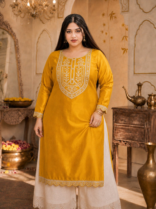 Mustard Big-Button Full-Sleeve Vichitra Silk Kurta