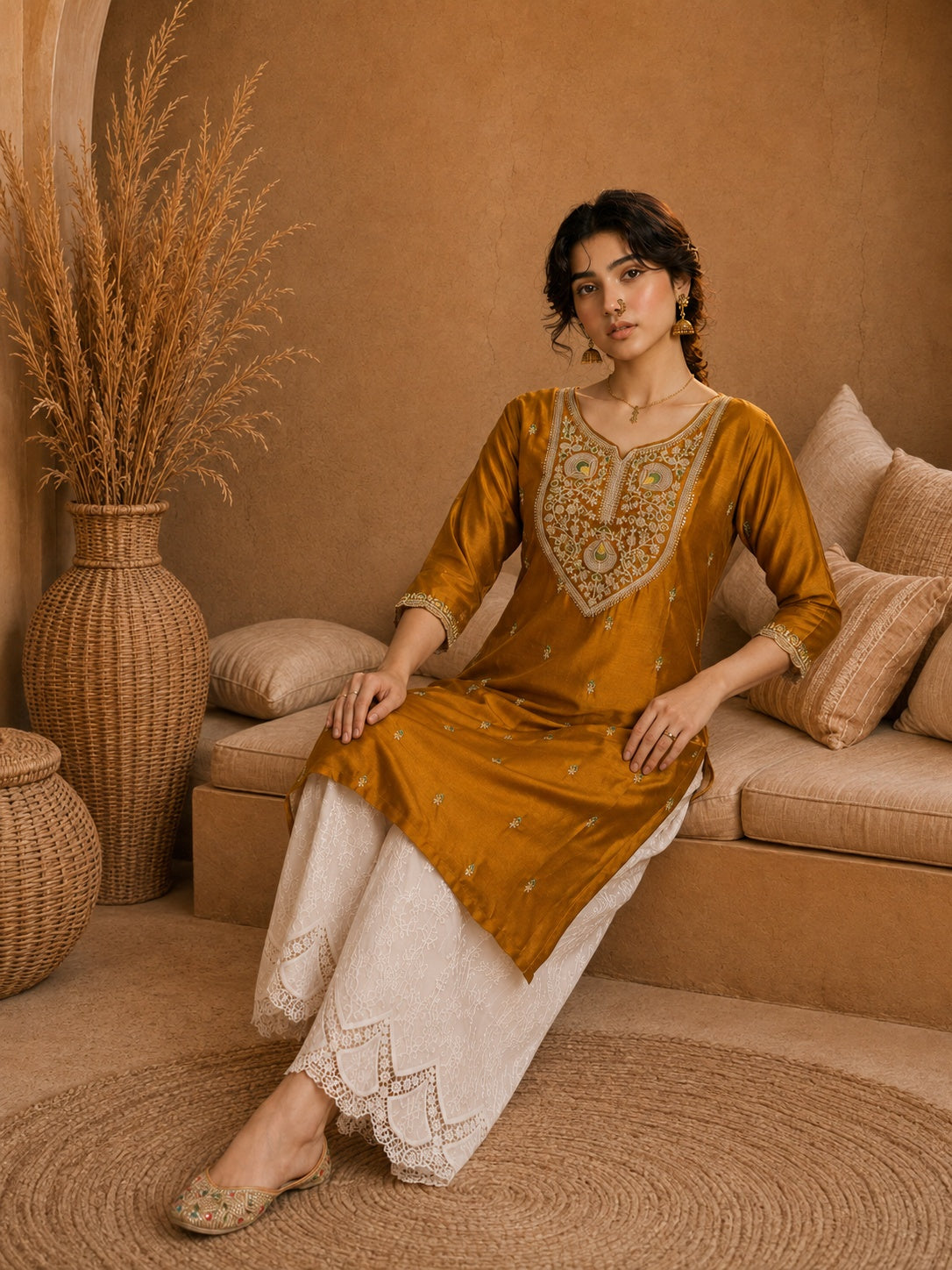 Mustard Heritage Zari Yoke Silk Kurta