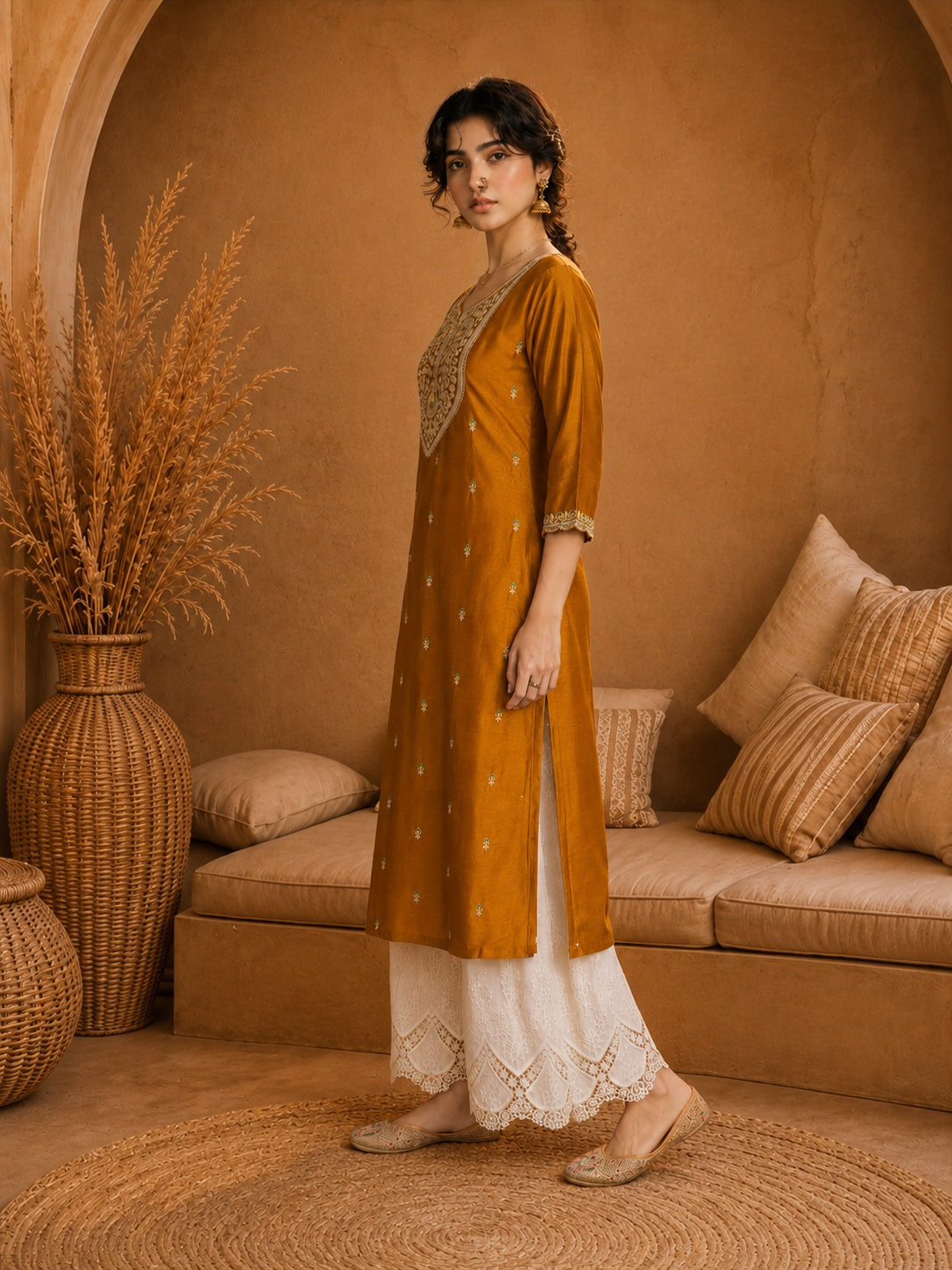 Mustard Heritage Zari Yoke Silk Kurta