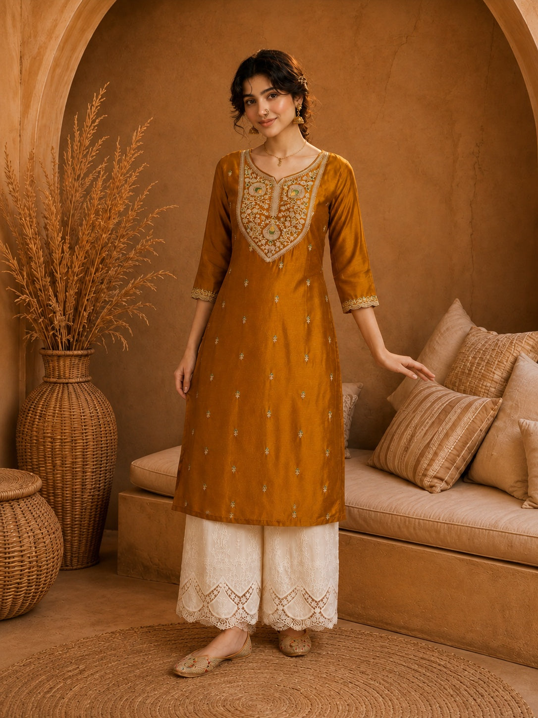 Mustard Heritage Zari Yoke Silk Kurta