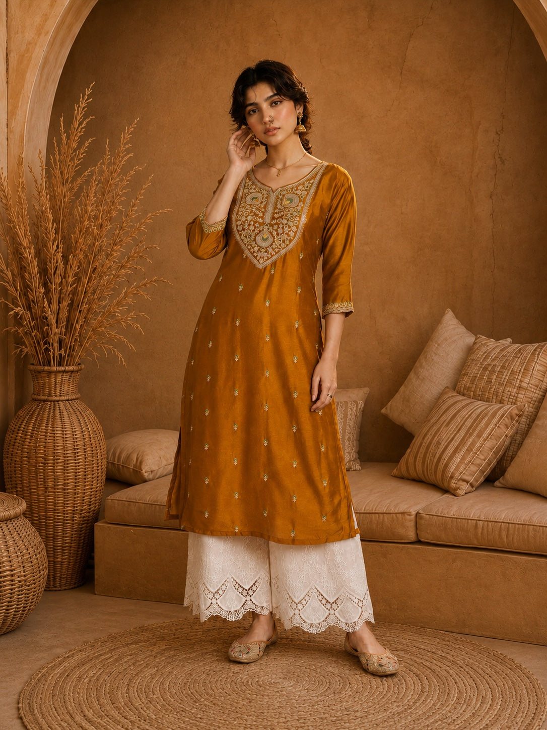Mustard Heritage Zari Yoke Silk Kurta