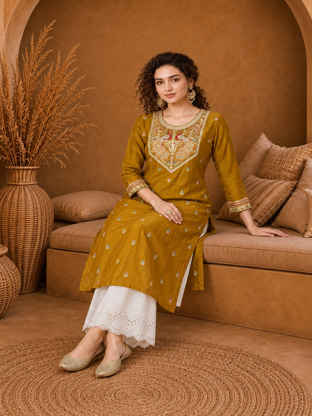 Mustard Twin Peacock Zari Embroidered Silk Kurta