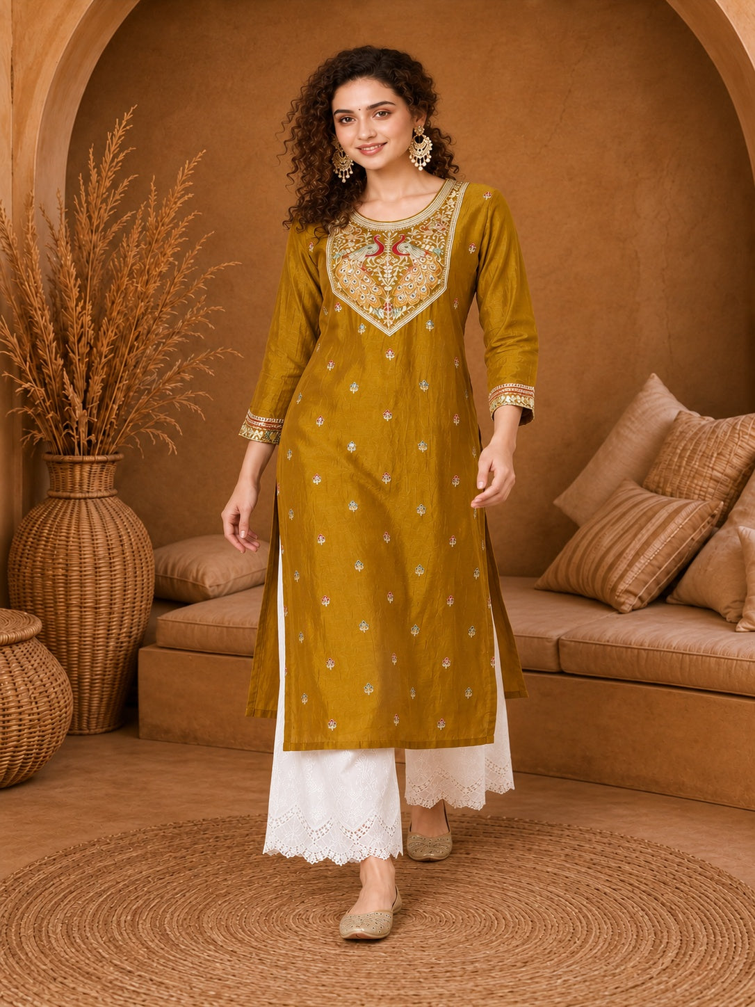 Mustard Twin Peacock Zari Embroidered Silk Kurta
